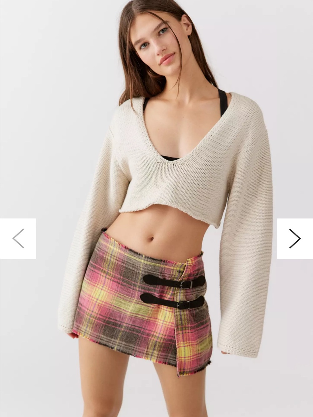 Urban Outfitters Pink & Yellow Plaid Mini Skirt with Buckle Straps